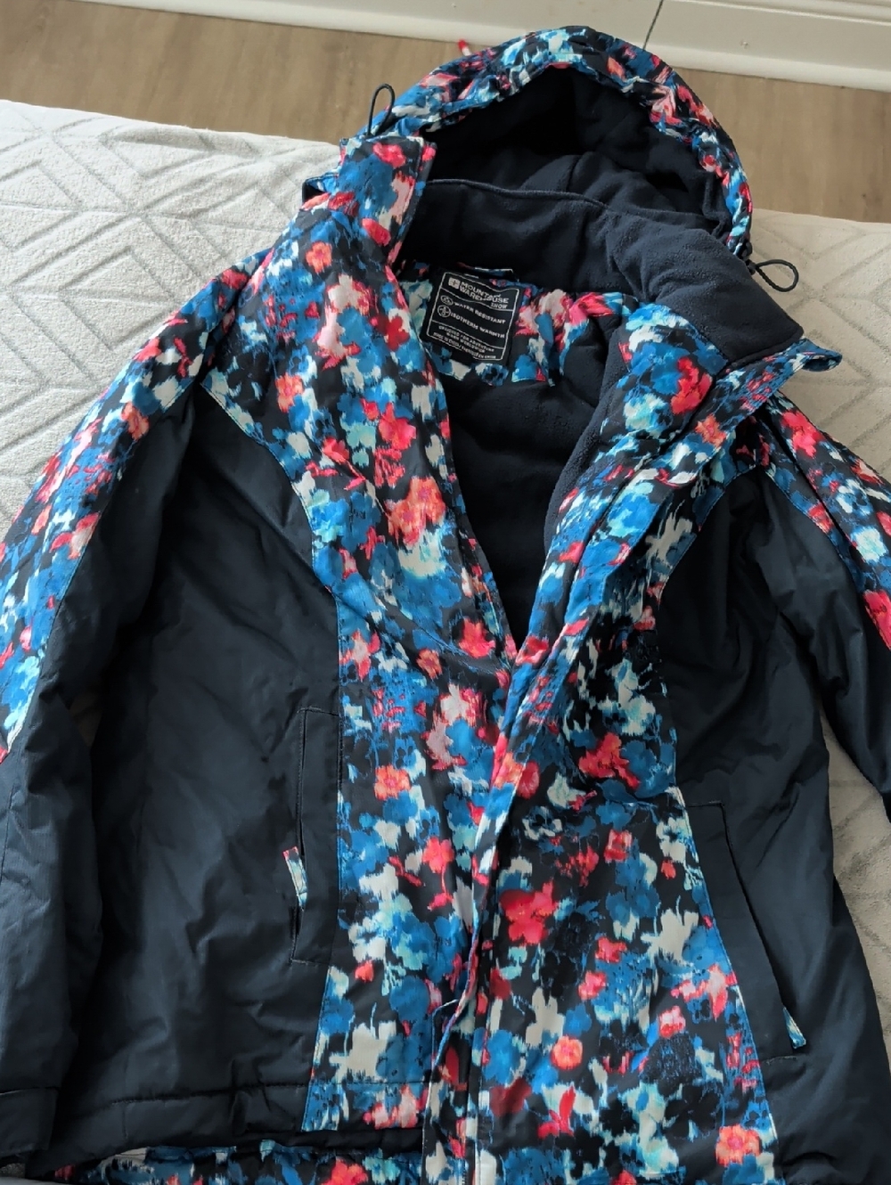 Floral Print Hooded Ski Jacket - Blue/Pink